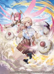  2girls :d above_clouds amano_misaki ankle_boots armor bag belt black_belt blonde_hair blue_sky bob_cut boots brown_jacket brown_skirt brown_socks chest_jewel choppy_bangs circlet clawed_gauntlets closed_mouth clouds commentary_request copyright_notice crossover double-parted_bangs dress drone duel_masters duel_masters_(classic) earrings flower_earrings flying fur-trimmed_sleeves fur_trim furen_e_lustario furen_e_lustario_(4th_costume) gem gown green_eyes hair_between_eyes hair_over_shoulder highres inverted_bob jacket jewelry jumping light_particles long_hair long_sleeves looking_at_viewer multiple_girls nijisanji off-shoulder_sweater off_shoulder official_art one-eyed open_clothes open_jacket outstretched_arms pauldrons pencil_skirt pink_hair pink_wings plaid_clothes plaid_skirt pom_pom_(clothes) pom_pom_earrings red_eyes red_gem robot_girl sample_watermark see-through_cleavage see-through_clothes shoulder_armor shoulder_bag side_slit skirt sky sleeves_past_wrists smile socks spread_arms sweater turtleneck turtleneck_sweater virtual_youtuber watermark white_dress white_sweater winged_headwear wings 