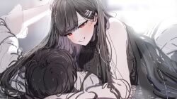  1boy 1girl bare_shoulders black_hair black_sweater blue_archive blush breasts commentary_request grin hair_ornament hairclip headpat hetero highres kasasagi_(futagodori888) long_hair lying on_back red_eyes ribbed_sweater ringed_eyes rio_(blue_archive) sensei_(blue_archive) sleeveless sleeveless_sweater smile sweater turtleneck turtleneck_sweater very_long_hair 