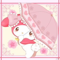  1girl animal_ears bilingual_commentary blush border bow brown_eyes chibi chibi_only chibikemo commentary english_commentary flower furry furry_female hair_bow heart holding holding_umbrella jirachicute28 lace-trimmed_bow lace_trim looking_at_viewer mixed-language_commentary my_melody my_melody_(series) parasol pink_border pink_bow pink_flower pink_umbrella rabbit_ears rabbit_girl rabbit_tail sanrio solo spanish_commentary tail umbrella watermark yellow_background 