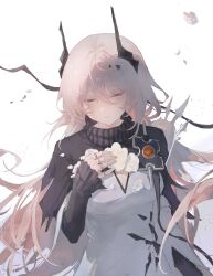  1girl absurdres arknights black_horns cleavage_cutout closed_mouth clothing_cutout commentary_request dress flower hair_between_eyes highres horns jewelry long_hair long_sleeves material_growth multiple_rings mumu_millhayes oripathy_lesion_(arknights) pink_hair ring simple_background solo theresa_(arknights) upper_body white_background white_dress white_flower 