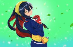  1girl bag belt black_hair blue_jacket blurry blush carmine_(pokemon) commentary_request crossed_bangs eyelashes falling_leaves fanny_pack hair_between_eyes hairband highres holding holding_poke_ball jacket leaf long_hair long_sleeves looking_to_the_side parted_lips pippie_an poke_ball pokemon pokemon_scarlet_and_violet smile solo white_belt yellow_bag yellow_eyes yellow_hairband zipper_pull_tab 