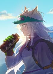  1girl absurdres animal_ears arknights backlighting day dconan_owo drinking from_side gloves green_gloves grey_hair hair_between_eyes hand_up highres holding_thermos hongshan_forest_zoo jacket lappland_(arknights) long_hair long_sleeves official_alternate_costume open_mouth outdoors profile purple_jacket scar scar_across_eye scar_on_face sky solo sun sweat thermos upper_body visor_cap wolf_ears wolf_girl 