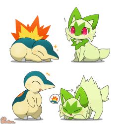  ! :3 :d animal animal_focus animated animated_gif arrow_(symbol) artist_name blue_fur blush cat closed_eyes cyndaquil fang fire green_fur looking_at_another pink_eyes pokemon pokemon_(creature) pokemon_focus sequential simple_background sitting smile sparkle sprigatito taro_(tontaro) white_background yellow_fur 