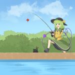  1girl absurdres black_footwear black_headwear blue_sky cat clouds fishing fishing_rod green_eyes green_skirt hat hat_ribbon heart heart_of_string highres holding holding_fishing_rod kaenbyou_rin kaenbyou_rin_(cat) komeiji_koishi long_sleeves medium_hair open_mouth outdoors ribbon shirt skirt sky third_eye touhou wrainman yellow_ribbon yellow_shirt 