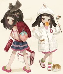  1girl animal_ears animal_on_head ankle_socks apron arrow_(symbol) backpack bag bare_arms bare_shoulders blue_skirt bread brown_background brown_eyes brown_hair camisole closed_mouth commentary_request crocs doubutsunoujyou food food_in_mouth hair_ornament hairclip hat highres holding kappougi ladle layered_skirt long_sleeves mouth_hold multiple_views on_head original pink_camisole pink_sandals pink_socks polka_dot polka_dot_socks puffy_long_sleeves puffy_sleeves rabbit rabbit_ears randoseru sandals shoes skirt sleeves_past_wrists socks star_(symbol) star_hair_ornament strap_slip white_apron white_hat white_shoes 