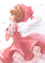  1girl absurdres angel_wings beret bow bowtie brown_hair cardcaptor_sakura commentary cowboy_shot dress expressionless falling_petals frilled_sleeves frills from_side gloves hair_intakes hand_on_own_chest hat hat_bow highres kinomoto_sakura kinomoto_sakura_(magician) magical_girl petals petticoat pinafore_dress pink_bow pink_dress pink_hat pleated_dress poe_(528yuzunon) puffy_short_sleeves puffy_sleeves red_bow red_bowtie shirt short_dress short_hair_with_long_locks short_sleeves sidelocks simple_background sleeve_bow sleeveless sleeveless_dress solo standing untranslatable_commentary white_background white_bow white_gloves white_shirt white_wings wings 