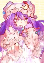  1girl book capelet commentary crescent crescent_hat_ornament dress hat hat_ornament holding holding_book long_hair looking_at_viewer mob_cap nekodaisuki3737 open_book open_mouth patchouli_knowledge pink_capelet pink_dress pink_hat purple_hair solo striped_clothes striped_dress touhou twitter_username vertical-striped_clothes vertical-striped_dress violet_eyes yellow_background 