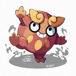  commentary curly_eyebrows darumaka english_commentary grin looking_at_viewer mistray-art no_humans numbered pokemon pokemon_(creature) red_fur signature smile solo standing standing_on_one_leg teeth white_background 