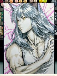  1boy animal_ears art_tools_in_frame commentary english_commentary highres kurama_(yu_yu_hakusho) long_hair male_focus marker_(medium) muscular muscular_male photo_(medium) shirt solo stanley_lau tank_top traditional_media turning_head white_hair white_shirt white_tank_top wolf_boy wolf_ears yellow_eyes 