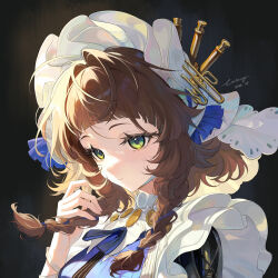  1girl absurdres artist_name black_background box_galaxy braid braided_sidelocks brown_hair closed_mouth coppelia_(reverse:1999) green_eyes hand_up highres holding_own_hair official_alternate_costume portrait reverse:1999 short_hair_with_long_locks sidelocks solo veil white_veil 