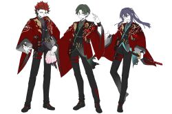 3boys :d akatsuki_(ensemble_stars!) alternate_costume belt black_belt black_pants black_shirt black_shoes black_streaks collared_shirt contrapposto crescent curtained_hair dreonya ensemble_stars! full_body glasses green_eyes green_hair hair_between_eyes hair_intakes hand_fan hand_on_own_hip hand_up hasumi_keito highres holding holding_fan holding_sword holding_weapon idol japanese_clothes kanzaki_souma katana kimono kiryu_kuro leaf_print long_hair long_sleeves male_focus maple_leaf_print motoyui multicolored_hair multiple_boys pants paper_fan ponytail purple_hair red_belt red_hair red_kimono shirt shoes short_hair sidelocks simple_background smile spiky_hair standing streaked_hair sword thigh_belt thigh_strap v-shaped_eyebrows violet_eyes weapon white_background wide_sleeves 