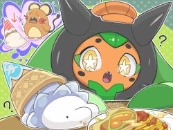  ? carbink commentary_request crying dedenne fangs food highres ice_cream_cone no_humans ogerpon ogerpon_(teal_mask) open_mouth pancake pasta plate pokemon pokemon_(creature) runachikku snom spaghetti speech_bubble star-shaped_pupils star_(symbol) symbol-shaped_pupils thought_bubble waffle_cone yellow_eyes 