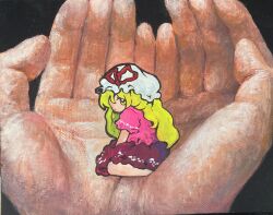  1girl 1other absurdres blonde_hair commentary_request from_side full_body hair_over_one_eye hat hat_ribbon highres holding holding_mini_person in_palm kneeling long_hair making-of_available maribel_hearn mini_person minigirl mob_cap painting_(medium) purple_shirt purple_skirt red_ribbon ribbon rusuban_(yakumora_n) shirt short_sleeves skirt taboo_japan_disentanglement touhou traditional_media white_hat yellow_eyes 