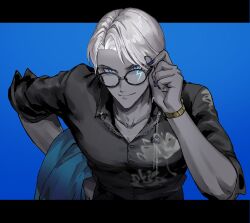 1boy adjusting_eyewear black_shirt blue_background blue_eyes blue_nails buttons collar_chain_(jewelry) collared_shirt colored_sclera colored_skin commentary_request dark-skinned_male dark_skin facial_mark fate/grand_order fate_(series) glasses greyscale_with_colored_background ha_yogurt hand_on_own_hip highres indra_(fate) leaning_forward letterboxed lightning_bolt_facial_mark lightning_bolt_symbol looking_at_viewer looking_over_eyewear male_focus open_collar parted_hair round_eyewear shirt short_hair short_sleeves side_part simple_background smile solo spot_color upper_body very_short_hair watch watch white_hair 