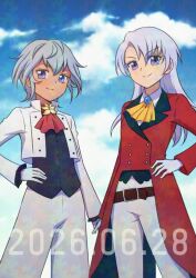  2girls ascot bemikabemika black_shirt blue_sky clouds coattails commentary_request cosplay costume_switch dated gloves grey_hair hand_on_own_hip jacket long_hair multiple_girls mutsuba_asaka mutsuba_asana orange_ascot pants red_ascot shirt short_hair sky smile tailcoat tan violet_eyes white_gloves white_jacket white_pants yu-gi-oh! yu-gi-oh!_go_rush!! yu-gi-oh!_sevens 