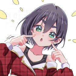  1girl bare_shoulders black_hair chestnut_mouth collarbone commentary fingers_to_cheeks green_eyes haraga_kurumi kimi_no_koto_ga_dai_dai_dai_dai_daisuki_na_100-nin_no_kanojo long_sleeves looking_at_viewer off-shoulder_shirt off_shoulder open_mouth puffy_long_sleeves puffy_sleeves shirt short_hair simple_background solo syuuka617 untranslatable_commentary white_background 