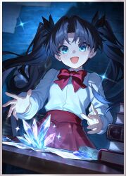  1girl aged_down aqua_eyes black_hair book bow bowtie fate/stay_night fate/unlimited_blade_works fate_(series) floating_hair highres honkai:_star_rail honkai_(series) indoors long_hair long_sleeves looking_at_object official_art open_mouth red_bow red_bowtie red_skirt shirt shirt_tucked_in skirt smile solo tohsaka_rin tohsaka_rin_(honkai:_star_rail) very_long_hair white_shirt 
