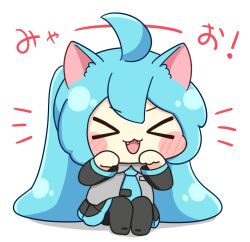  >_< 1girl :3 :d ahoge animal_ears blue_hair blue_necktie blush_stickers cat_ears cat_girl chibi chibi_only closed_eyes commentary_request detached_sleeves double-parted_bangs fangs full_body hatsune_miku kemonomimi_mode long_hair necktie notice_lines nukotun open_mouth simple_background sitting smile solo twintails very_long_hair vocaloid white_background x3 xd 
