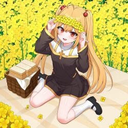  1girl absurdres ahoge artist_request black_dress black_shoes blonde_hair commentary_request commission cross cross_necklace dress elf flower flower_wreath food hair_bobbles hair_ornament highres jewelry korean_commentary latin_cross necklace nun original picnic picnic_basket pointy_ears rapeseed_blossoms red_eyes sandwich second-party_source shoes solo twintails twintails_elf_nun_(sugarnut) 