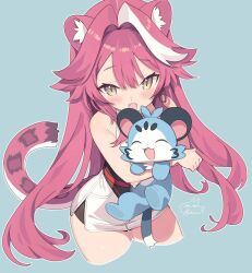  1girl animal_ears bare_shoulders blush chattino_(raora_panthera) commentary fang hair_intakes highres hololive hololive_english long_hair looking_at_viewer multicolored_hair onlyhakua open_mouth panther_ears panther_girl panther_tail pink_hair pink_tail raora_panthera raora_panthera_(1st_costume) shirt shorts signature simple_background smile streaked_hair tail thighs two-tone_hair virtual_youtuber white_hair white_shirt white_shorts yellow_eyes 