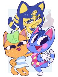  3girls afroninja360 angry animal_crossing ankha_(animal_crossing) argyle_clothes argyle_dress bandaged_chest blue_eyes blue_eyeshadow blue_fur blush cat_girl cigarette commentary dress english_commentary eyeshadow food-themed_creature freckles furry furry_female hand_on_another's_shoulder highres leaf looking_at_viewer makeup multiple_girls nintendo orange_fur rosie_(animal_crossing) smoking striped_clothes striped_dress tangy_(animal_crossing) tongue tongue_out waving yellow_fur 