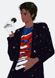  1boy black_hair blush commentary dark-skinned_male dark_skin gloves highres holding holding_microphone looking_ahead male_focus michael_jackson microphone real_life sea_sebi short_hair short_sleeves simple_background single_glove solo white_gloves 