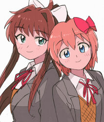  2girls blue_eyes bow collared_shirt commentary_request doki_doki_literature_club doki_doki_literature_club_school_uniform green_eyes grey_jacket hair_bow hair_intakes jacket long_hair long_sidelocks monika_(doki_doki_literature_club) multiple_girls neck_ribbon open_clothes open_jacket orange_sweater_vest ponytail red_bow red_ribbon ribbon sayori_(doki_doki_literature_club) school_uniform shirt short_hair sidelocks simple_background smile sweater_vest tsubobot white_background white_bow 