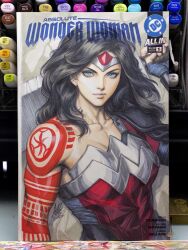  1girl absolute_dc absolute_wonder_woman armor black_hair blue_eyes breastplate closed_mouth collarbone commentary cover_sketch dc_comics english_commentary fingerless_gloves gloves highres holding holding_sword holding_weapon huge_weapon long_hair looking_at_viewer marker_(medium) photo_(medium) picture_frame red_tattoo signature sketch solo stanley_lau sword tattoo tattoo_sleeve tiara traditional_media weapon wonder_woman wonder_woman_(absolute_dc) 