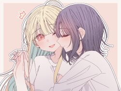  2girls absurdres age_difference ahoge black_hair blonde_hair border bracelet brown_eyes cho_kaguya-hime! commentary highres holding_hands hug hug_from_behind jewelry kaguya_(cho_kaguya-hime!) kaguya_(tsukuyomi)_(cho_kaguya-hime!) kousaka_0v0 long_hair medium_hair multiple_girls one_eye_closed open_mouth outline outside_border sakayori_iroha shirt untranslatable_commentary white_border white_outline white_shirt yuri 