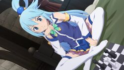  >:( 1girl aqua_(konosuba) bare_shoulders blue_choker blue_eyes blue_hair blue_shirt blue_skirt blush board_game bow bowtie brick_wall chess chess_piece chessboard choker closed_mouth detached_sleeves dutch_angle frilled_choker frills full_body game_asset green_bow green_bowtie hair_ornament hair_rings hand_on_own_chin highres indian_style indoors king_(chess) kono_subarashii_sekai_ni_shukufuku_wo! kono_subarashii_sekai_ni_shukufuku_wo!_kono_yokubukai_game_ni_shinpan_o! long_hair looking_down no_shoes non-web_source official_art on_bed pawn_(chess) queen_(chess) self-datamine shirt single_hair_ring sitting skirt sleeveless sleeveless_shirt solo sphere_hair_ornament thigh-highs v-shaped_eyebrows white_sleeves white_thighhighs 