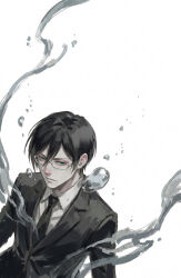  1boy absurdres aqua_eyes black_hair black_jacket black_necktie buttons closed_mouth collared_shirt formal_clothes ginoza_nobuchika glasses hair_between_eyes highres jacket lapels lips long_sleeves looking_at_viewer male_focus necktie psycho-pass semi-rimless_eyewear shirt short_hair simple_background solo suit suit_jacket upper_body user_ardu5834 v-shaped_eyebrows water_drop white-framed_eyewear white_background white_shirt 