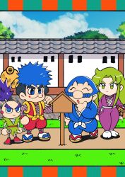  1girl 3boys :< :3 :o batchgooya blue_hair commentary_request ebisumaru fishnets ganbare_goemon geta goemon green_eyes green_hair hand_on_own_chin highres holding holding_smoking_pipe holding_weapon japanese_clothes konami kunai large_nose long_hair makeup multiple_boys ninja over_shoulder reading robot sandals sasuke_(ganbare_goemon) smoking_pipe spiky_hair standing tenugui thick_eyebrows weapon weapon_over_shoulder yae_(ganbare_goemon) 