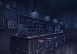  bar_(place) bar_counter bar_stool blue_archive bottle ceiling ceiling_light certificate crt cup dark game_asset hanging_light indoors jar jukebox lamp mug night no_humans non-web_source official_art ornate perspective picture_frame scenery shelf stool teapot television wide_shot wooden_floor wooden_wall 