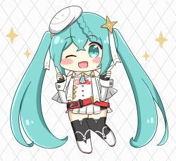  1girl :d ;d argyle_background black_gloves black_thighhighs blush_stickers boots braid buttons chibi chibi_only commentary_request crossed_bangs double-parted_bangs fang fingerless_gloves full_body gloves green_eyes green_hair hair_between_eyes hands_up hat hatsune_miku index_fingers_raised jacket long_sleeves nukotun one_eye_closed open_clothes open_jacket open_mouth pleated_skirt shirt skin_fang skirt smile solo sparkle standing thigh-highs vocaloid white_background white_boots white_hat white_jacket white_shirt white_skirt 