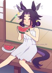  1girl absurdres aged_down animal_ears bare_arms bare_shoulders black_hair blush closed_eyes closed_mouth commentary_request dress ear_wiggle eating fenomeno_(umamusume) flipped_hair food food_in_mouth fruit highres holding holding_food holding_fruit horse_ears horse_girl horse_tail long_hair motion_blur multicolored_hair purple_hair sitting sleeveless sleeveless_dress smile solo tail twitter_username umamusume w3n6e watermelon watermelon_slice white_dress 