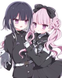  1boy 1girl belt black_bow black_hair black_hairband black_jacket black_serafuku black_shirt black_skirt bow brother_and_sister buttons colored_inner_hair double_bun eyelashes gloves grey_hair hair_bow hair_bun hairband highres im4kako jacket last_defense_academy_school_uniform long_hair multicolored_hair neckerchief open_mouth parted_lips pink_eyes pink_hair pleated_skirt quad_tails sailor_collar sailor_shirt school_uniform serafuku shirt siblings single_sidelock skirt smile the_hundred_line_-last_defense_academy- tsukumo_ima tsukumo_kako tsurime turtleneck twins two-tone_hair white_belt white_gloves white_neckerchief 