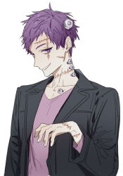  1boy fingernails grin hagiwara_daisuke halloween_costume hand_up hori-san_to_miyamura-kun ishikawa_tooru layered_clothes layered_sleeves long_sleeves looking_at_viewer male_focus purple_hair purple_shirt scar scar_across_eye scar_on_face scar_on_hand scar_on_neck screw shirt short_bangs short_hair smile solo upper_body violet_eyes 