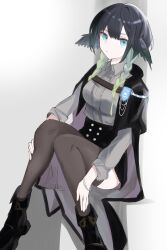  1girl arknights black_boots black_hair black_skirt black_thighhighs blue_eyes boots bracelet braid commentary full_body green_streaks grey_shirt head_wings highres hiiragi_(hiragi_w_p_e) invisible_chair jewelry long_hair long_sleeves looking_at_viewer multicolored_hair patia_(arknights) shirt shirt_tucked_in simple_background sitting skirt solo streaked_hair thigh-highs twin_braids white_background wings 