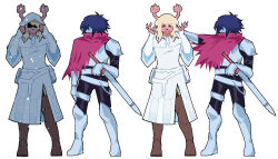  >_< 1girl 1other animal_ears antlers armor blonde_hair blue_skin boots brown_boots buck_teeth cape colored_skin d: deer_antlers deer_ears deer_girl deltarune dx full_body furrowed_brow furry furry_female hand_on_hilt hands_up heartbreak_juan hood hood_up horns kris_(dark_world)_(deltarune) kris_(deltarune) long_hair long_sleeves looking_at_another noelle_holiday noelle_holiday_(dark_world) open_mouth pauldrons pink_cape plate_armor pulling_another's_clothes reindeer_girl robe shaded_face sheath sheathed short_hair shoulder_armor side-by-side single_pauldron smirk snow sword teeth utdr_(toby_fox) weapon white_background white_robe 