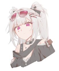  1girl :> bare_shoulders black_choker blunt_bangs choker chu_siyue closed_mouth commentary_request cropped_torso eyewear_on_head facial_mark grey_hair hair_ornament hair_ribbon heart heart_facial_mark honkai:_star_rail honkai_(series) jewelry long_hair looking_at_viewer necklace official_alternate_costume official_alternate_hairstyle pink_eyes ribbon sidelocks simple_background solo sparkle_(honkai:_star_rail) sparxie_(candy-coated_waves)_(honkai:_star_rail) sparxie_(honkai:_star_rail) stuffed_animal stuffed_toy sunglasses sweatdrop teddy_bear twintails white_background x_hair_ornament 