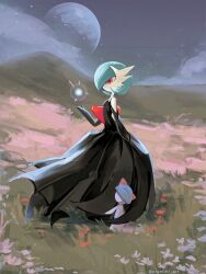  2others alternate_color black_dress black_gloves blue_hair bob_cut bowl_cut colored_skin dress elbow_gloves from_side gardevoir gloves grass highres horns mega_gardevoir mega_pokemon moon multiple_others night orange_eyes pigmint_art pokemon pokemon_(creature) ralts shiny_pokemon white_skin 
