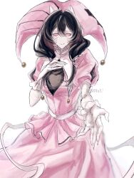  1girl b88xu black_hair closed_mouth colored_skin columbina_(the_freak_circus) commentary dress facing_viewer gloves hair_between_eyes hand_on_own_chest hat hat_bell highres horns jester jester_cap jester_costume low_twintails offering_hand pink_dress pink_eyes pink_hat puffy_short_sleeves puffy_sleeves short_sleeves solid_eyes solo the_freak_circus twintails twitter_username untranslatable_commentary white_background white_gloves white_horns white_skin 