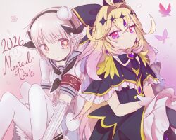  2026 2girls babybweep black_hairband bud bug butterfly capelet cure_arcana_shadow english_commentary flower flower_ornament frilled_capelet frilled_skirt frills gem hair_flower hair_ornament hairband heart-shaped_gem highres long_hair magical_girl mahou_shoujo_ikusei_keikaku meitantei_precure! mixed-language_commentary multicolored_hair multiple_girls pink_hair precure purple_gem red_eyes sailor_collar school_uniform short_hair sitting skirt snow_white_(mahoiku) white_flower 