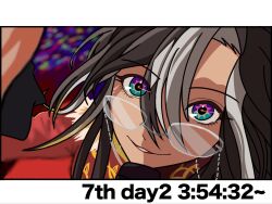  1girl black_hair blue_eyes burning_as_one_(umamusume) close-up commentary_request derivative_work dream_journey_(umamusume) eyewear_strap glasses hair_between_eyes highres long_hair looking_at_viewer me_me_rammeat multicolored_hair screenshot_redraw solo streaked_hair umamusume voice_actor_connection white_hair yoshioka_mayu 