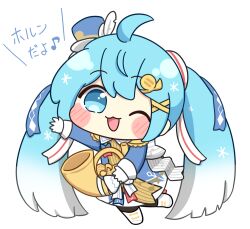  1girl :3 :d ;3 ;d ahoge black_pantyhose blue_dress blue_eyes blue_hair blue_hat blush_stickers boots chibi chibi_only commentary_request double-parted_bangs dress full_body gloves gradient_hair hair_between_eyes hat hatsune_miku long_hair long_sleeves looking_at_viewer mini_hat mini_top_hat multicolored_hair nukotun one_eye_closed open_mouth outstretched_arm pantyhose simple_background smile solo standing standing_on_one_leg top_hat translation_request very_long_hair vocaloid white_background white_boots white_gloves white_hair 