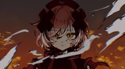  1girl black_dress blonde_hair closed_mouth commentary_request cross_ornament dress expressionless hat highres looking_at_viewer magical_girl mahou_shoujo_ikusei_keikaku mahou_shoujo_ikusei_keikaku_restart multiple_girls nurse_cap shadowgale short_hair simple_background smoke solo starletleaf yellow_eyes 
