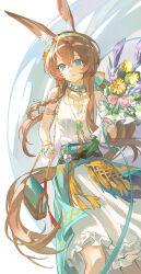  1girl absurdres amiya_(arknights) animal_ears aqua_eyes arknights blush braid breasts closed_mouth collarbone commentary_request day dress flower hair_between_eyes highres holding holding_flower long_hair looking_at_viewer pink_flower rabbit_ears rabbit_girl sleeveless sleeveless_dress small_breasts solo very_long_hair white_dress yellow_flower yinhepongpong 