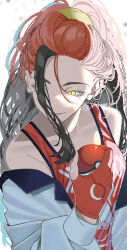  1girl absurdres akage_club carmine_(pokemon) commentary_request eyelashes gloves hand_up highres holding holding_poke_ball jacket long_hair long_sleeves loose_hair_strand mole mole_under_eye off_shoulder parted_lips partially_fingerless_gloves poke_ball poke_ball_(basic) pokemon pokemon_scarlet_and_violet print_shirt red_gloves red_hair red_shirt shirt sleeveless sleeveless_shirt smile solo upper_body white_background white_jacket yellow_eyes 