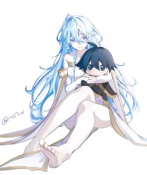  1girl bare_shoulders barefoot blue_eyes blue_hair closed_mouth colored_eyelashes commentary dot_nose dress elfaria_alvis_serfort full_body glasses gold_trim hair_between_eyes hair_over_shoulder highres holding holding_stuffed_toy hugging_object light_smile long_hair messy_hair mmmmced off-shoulder_dress off_shoulder signature simple_background sitting solid_circle_eyes solo_focus stuffed_toy tsue_to_tsurugi_no_wistoria twitter_username untranslatable_commentary white_background white_dress white_eyelashes will_serfort 