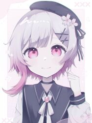  1girl beret black_choker black_coat black_hat border choker closed_mouth coat collared_coat commentary d1fuk flower flower-trimmed_sleeves gradient_hair hair_flower hair_ornament hat hat_flower hat_ribbon highres long_sleeves looking_at_viewer mahou_shoujo_no_majo_saiban multicolored_hair neck_ribbon pink_background pink_eyes pink_hair portrait ribbon sakuraba_ema shirt short_hair simple_background sleeveless sleeveless_coat smile solo straight-on untranslatable_commentary white_border white_flower white_hair white_ribbon white_shirt white_sleeves x_hair_ornament 